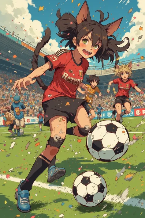 (Battle Royale) (rival High schools soccer game) (anime influence) Intense soccer game ( kawaii Cat girl team logo 'Ravens') are playing soccer against (dog boys (beast like dog heads), 'Boners' logo), intense action, fans and claws bared, Battle Royale on...