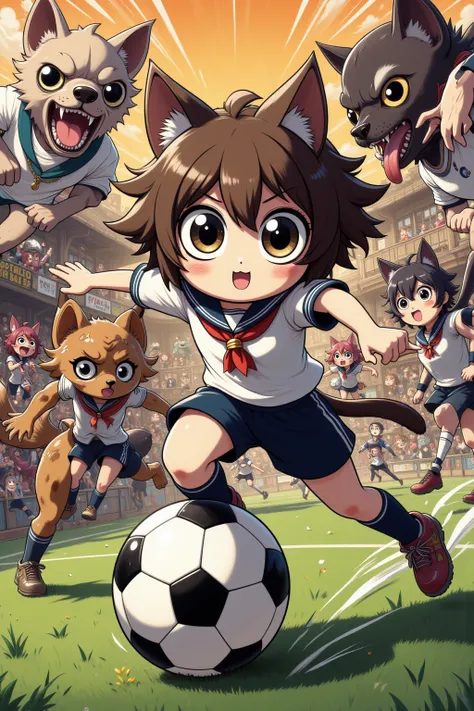 (Battle Royale) (rival High schools soccer game) (anime influence) Intense soccer game ( kawaii Cat girl team logo 'Ravens') are playing soccer against (dog boys (beast like dog heads), 'Boners' logo), intense action, fans and claws bared, Battle Royale on...