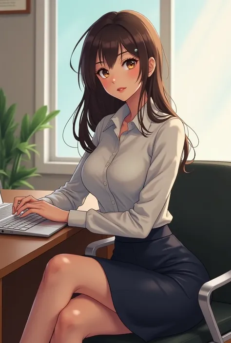 A woman with attractive body and face wearing a woman office clothes while sitting on her office working with she’s Japanese and let be the style a bit animated with mature look and more attractive body and tight skirt