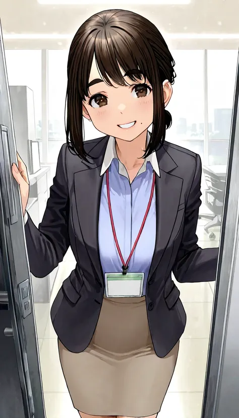 masterpiece, best quality, 1girl, kouhai-chan (douki-chan), 1girl, mole on cheek, thick eyebrows, smiling, in office, suits, skirt, standing 