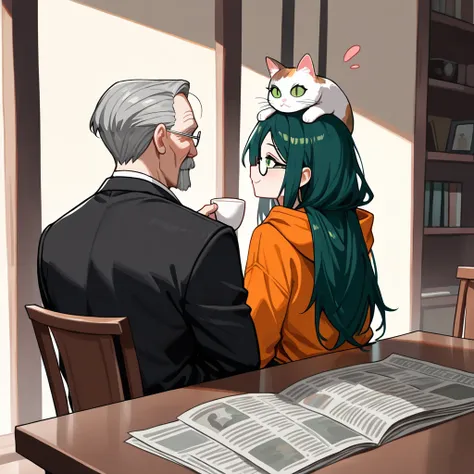 (1old-man ,slver hair,old man reads a newspaper,black business suit,cat on old-man head,Enchanted Cafeterias,Facing each other across a table, old-man sitting opposite,looking at other)

,(1girl,darkgreen-long-hair,green-eyes,horizontal pupils:1.2,orange-h...