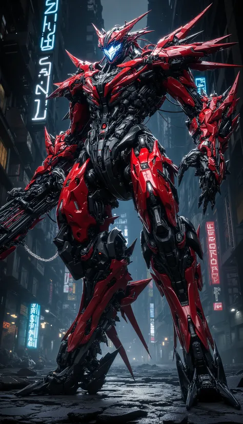 Ravaged city, dystopia, giant battle robot in center of screen, neon lights, glowing eyes, flashing eyes, armored core, red fuselage, angle from below