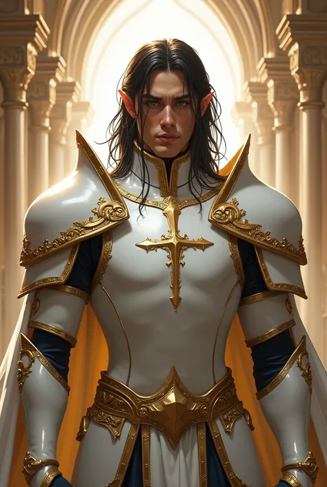 Male well trained highelf with dark middle long hair in a white gold shining paladin armor