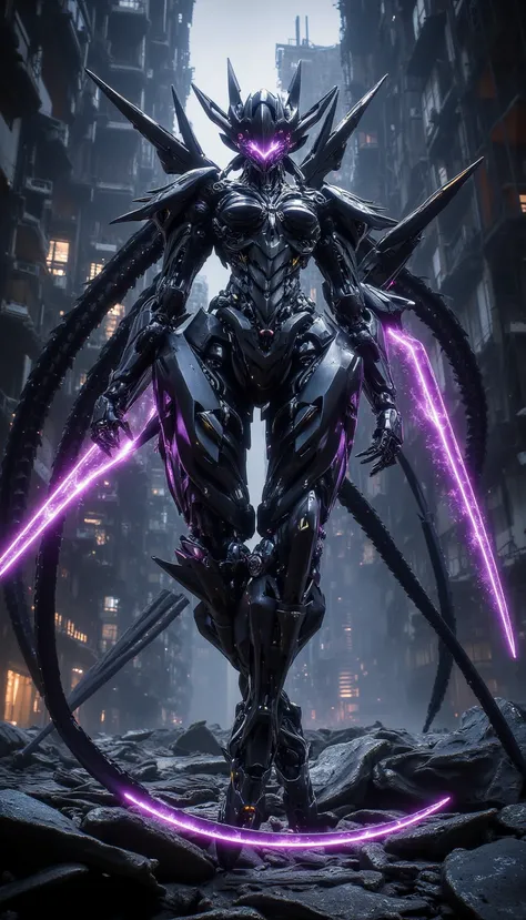 Ravaged city, dystopia, giant battle robot in center of screen, neon lights, glowing eyes, flashing eyes, armored core, purple fuselage, angle from below, streamlined form, smooth fuselage, feminine form