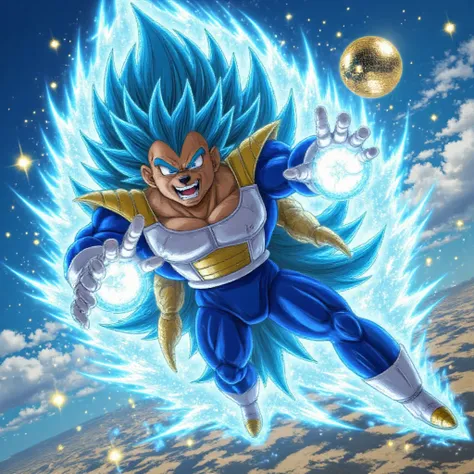 Is the brown Shiba Inu wearing the Vegeta Super Saiyazin Blue costume、Shiba Inu has a brown face 、He wears a special protector for Vegeta、On the chest of the protector「JTT」On the 、 Shrimp、 angry expression、My eyebrows are blue、Hair color is blue 、 emitting...