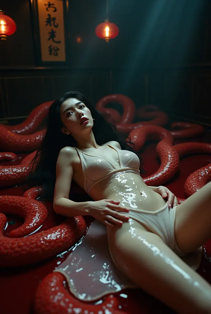 sexy woman with heels, Young brunette with Chinese hair, trapped by tentacles that support her legs and hands to a throne made of more tentacles 