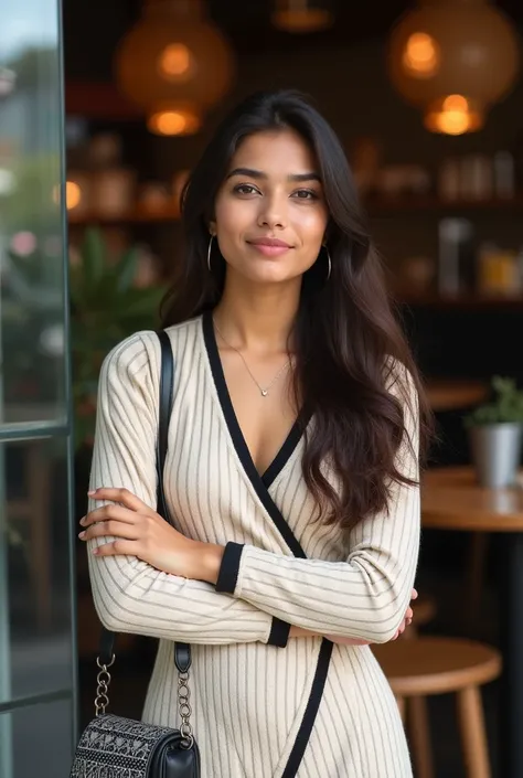 A young woman, likely in her late teens or early twenties, of South Asian descent, is pictured in a well-balanced composition. She is positioned slightly off-center to the left side of the frame, with her body oriented three-quarters towards the viewer. He...