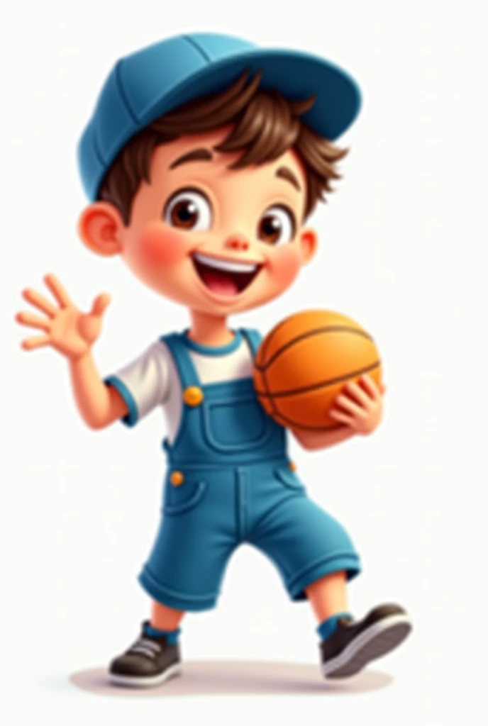 Make a boy in a cap and a blue jumpsuit holding a ball, and make him like a cartoon character 