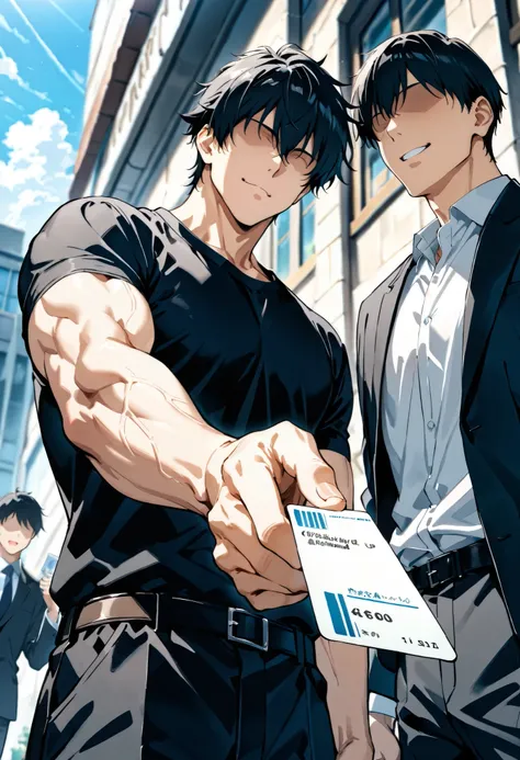 score_9, score_8_up, score_7_up, source_anime, 1boy, short hair,((faceless man:1. 6, muscular with black short hair)), business suit, ((giving business card)), cheerful expression, outdoors,masterpiece, best quality, from below
