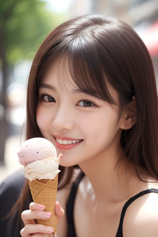 Beauty、 ice cream、 licking 、smile、 looking at the camera