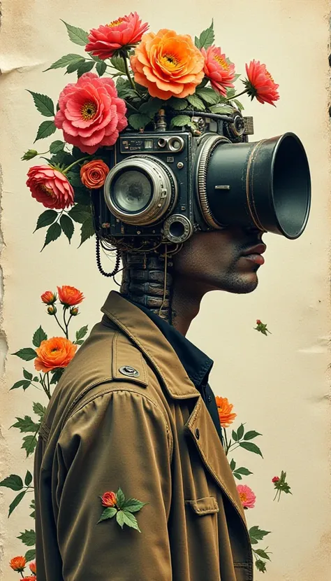 a collage of vintage film cameras, flowers, and a cybernetic steampunk man with an old fashioned camera for a head, paper torn edges, crumpled paper bg, film cascading down his shoulders, polaroid collage, surreal collage, a collage, cut up collage, collag...