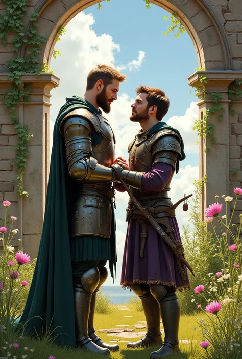 } Two men in love in an intimate moment :  a knight inspired by Thor  (Norse god of thunder), short hair, partially bald,  beard and light brown hair ,  wearing metallic armor adorned with runes and gold details .  on its side, a shorter man ,  with dark b...