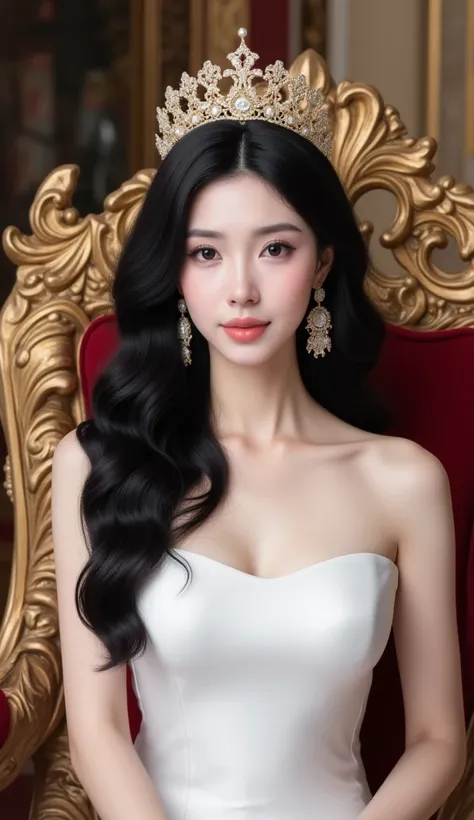 detailed face of photo.  white skin slim body Malaysian princess  long wavy hair wear strapless sleeveless long white queen dress with wear gold crown while sitting in throne 