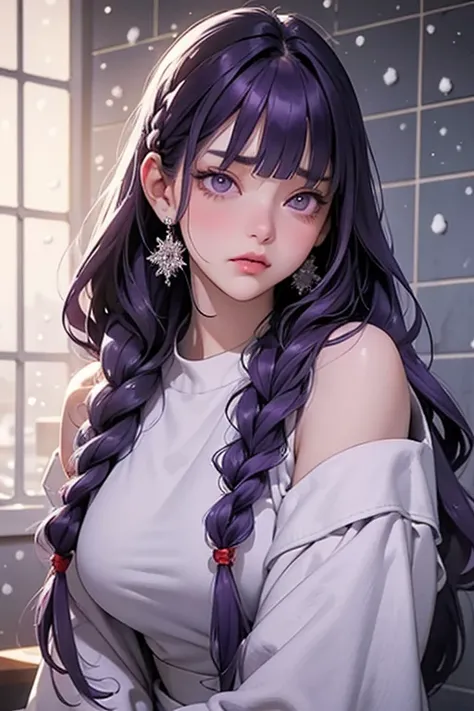  blunt bangs,     braiding    ,     wide sleeve ,     Hair Ornament ,    casual style    、、(    purple hair:1.2),     very long hair,     straight hair ,     I'm staring at the audience seats in the shower room of a love hotel  ,      Highly Detailed Backg...