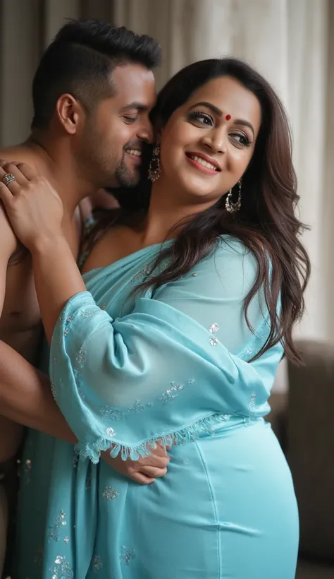 a beautiful South Indian 25 year old plus sized teacher (wearing sky blue colour silk night gown and bra) in a office, affectionately hugging a 60 year old man, full body image