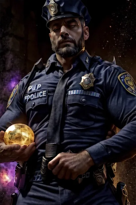 40 years old super musculine police officer, he is gaining evil power form Malevolent orb, he is dominat, he is arrogant, he is wearing police unifor, he emanates evil aura from his body、He gives a contemptuous look, (he become evil policeman king:1.5)、he ...