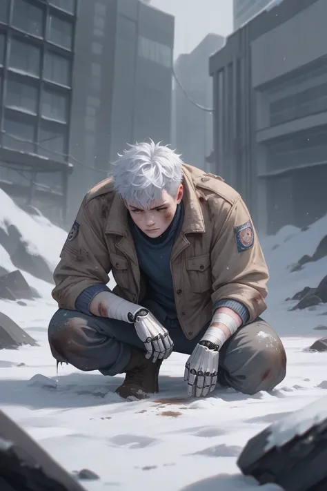 a young man with snow-white hair, cut in a messy style but with a certain samurai air. His school uniform (dirty with dust), navy blue and somewhat wrinkled, contrasted with his striking appearance and bandaged by wounds, in the background a neo Tokyo city...