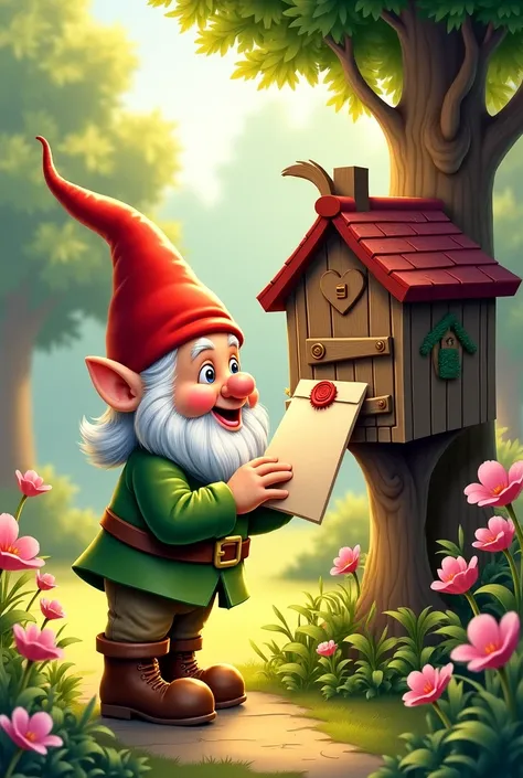 A garden gnome putting a letter in a letterbox