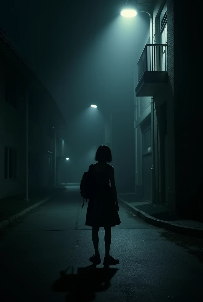 The main image depicts a shadowy figure, appearing almost silhouetted she's wearing a school dress, standing on a dimly lit street in front of a school.  The figure carries a bag and wears a eyeglass, adding to the mysterious and somewhat ominous atmospher...