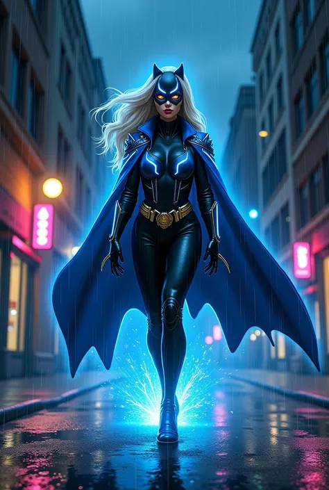  In a Gotham City at midnight ,  under torrential rain and pulsing blue neons ,  to the Canary Negro advances in a tight suit :  short electric blue jacket with silver details ,  on a bodice and black tight pants that highlight her fluid movements .  His p...