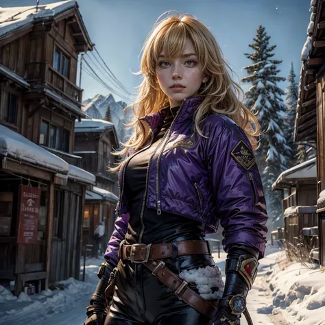 yangxiaolong, yang xiao long, smiling, long hair, blonde hair, (purple eyes:1.3), ahoge, bangs, BREAK wearing a white ski jacket with gold trim, white ski pants, mechanical arms, single mechanical arm, prosthesis, prosthetic arm, BREAK post apocalyptic sce...