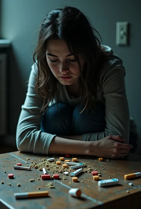 Depressed girl sitting on the floor in front of a coffee table. On the coffee table is scattered drugs and cigarettes.