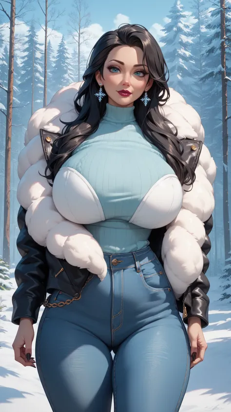 (date:20250205, By:Joulios) (A gorgeous busty black milf:1.2)(Black Woman) with long hair, enormous huge gigantic round tits, dressed in a snow fur jacket, snow jeans, in a frozen forest