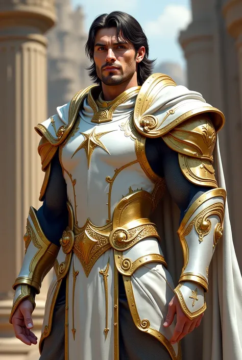 Ripped highelf with middle long dark hair beardless 30 years old in a shining white gold paladin armor