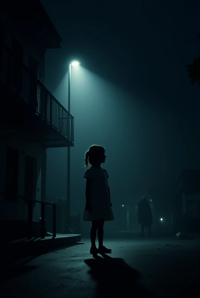 The main image depicts a shadowy figure, appearing almost silhouetted she's wearing a school dress, standing on a dimly lit street in front of a school.  The figure is wearing a white dress she's looking at the right, adding to the mysterious and somewhat ...