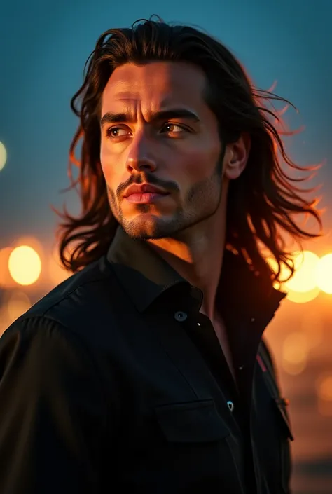 "A stylish and charismatic AI-generated man with long, wavy hair, giving off a cinematic and motivational vibe. His face has a confident yet thoughtful expression, with intense eyes that reflect ambition and determination. He is wearing a sleek, modern out...