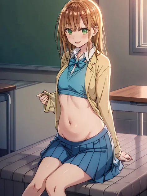  blond hair,  long hair,  Green Eyes,  happy,  school uniform ,  short skirt,  medium bust, Chest, classroom,  thin legs, belly button,  take off my clothes,  Seated 