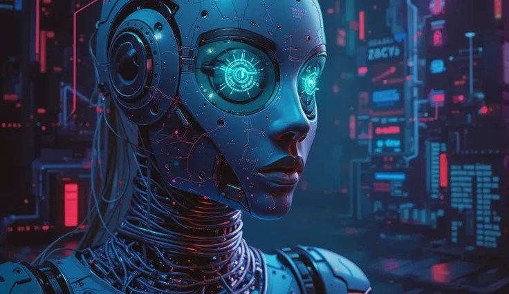 A holographic cybernetic being, shimmering with neon lights against a dark digital landscape. This stunning gouache painting captures the essence of a mysterious digital avatar, half-human, half-machine. The intricate details, from metallic circuitry to gl...