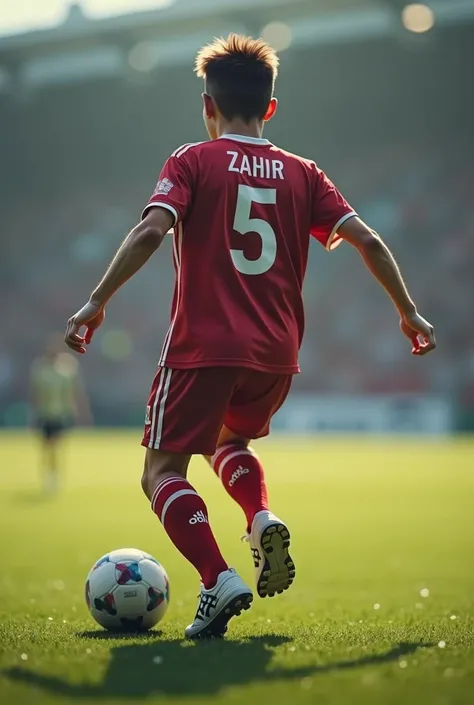 a young man in a backwards pose with the number 5 soccer with the name of Zahir who is a little older as a comic model