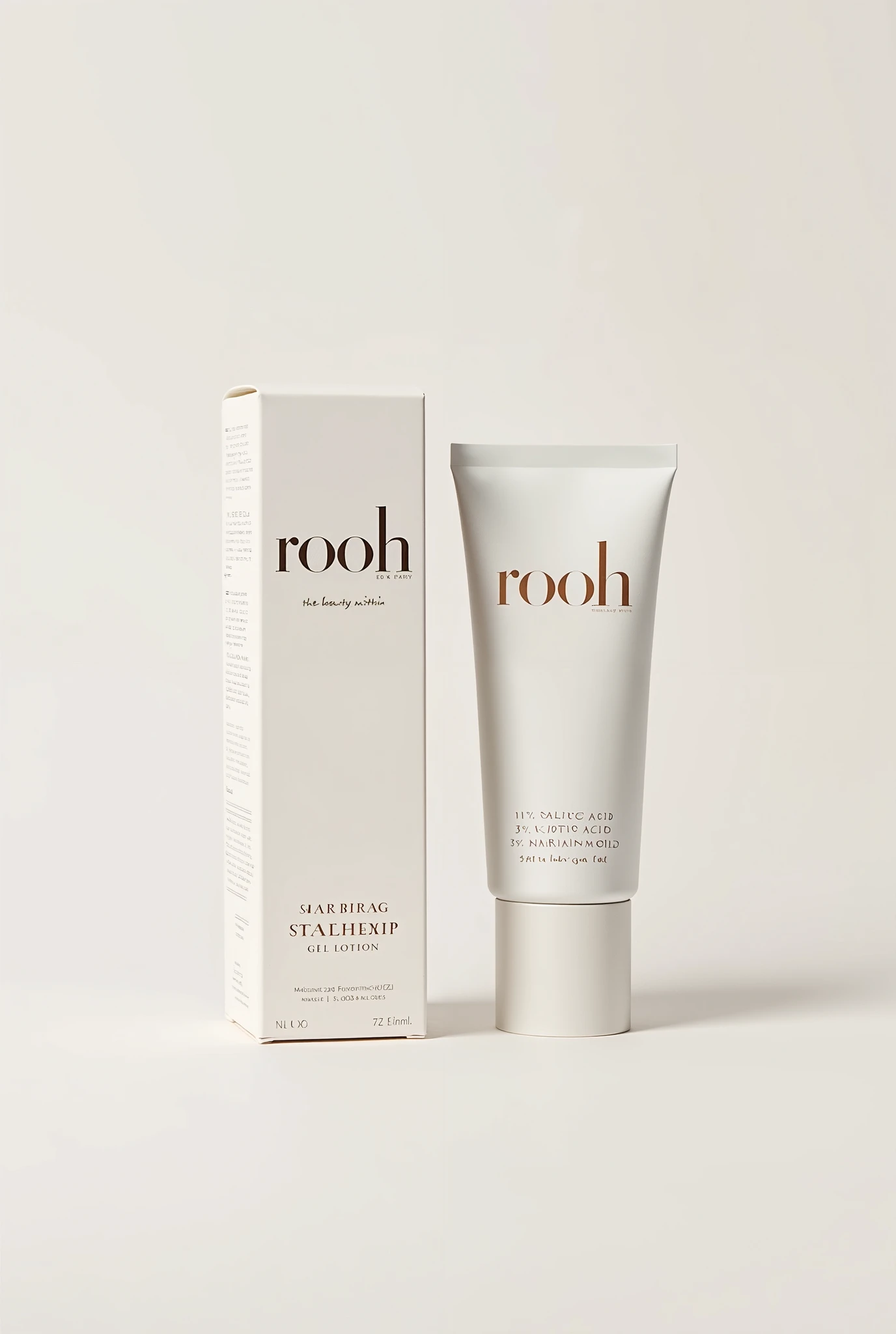 "Design a minimalistic and elegant packaging and tube for a damage repair gel lotion under the brand name 'rooh'. The packaging should feature a clean, modern design with a premium feel. The primary colors should be soft and neutral, with subtle accents th...