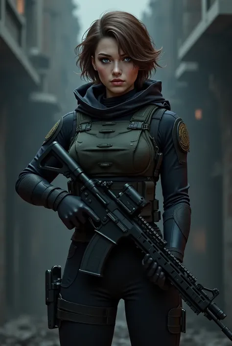 Tall military girl , strong and curvy body. Brown hair on a short wavy mane,  gray eyes.  dark tactical uniform , bulletproof vest and hood .  holds a combat reflex . dark anime style 