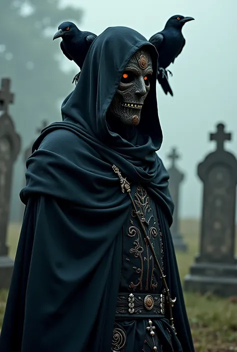 I want a cover for my novel...an Arab magician wearing a cloak and a mask, and crows coming out of his head...and behind him are many graves It has a close-up view of the scene and fine details.  