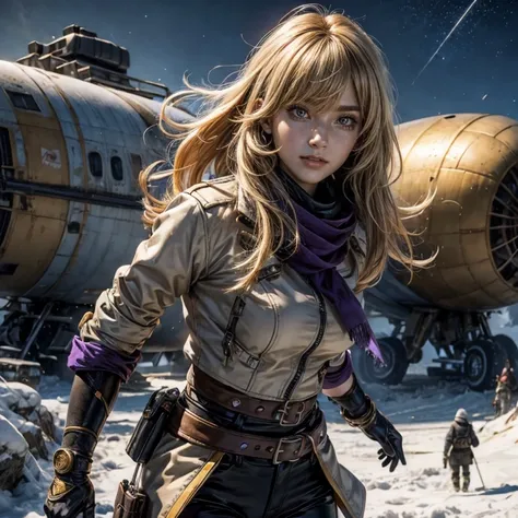 yangxiaolong, yang xiao long, smiling, long hair, blonde hair, large breasts, (purple eyes:1.3), ahoge, bangs, BREAK wearing a white ski jacket with gold trim, white ski pants, mechanical arms, single mechanical arm, prosthesis, prosthetic arm, BREAK walki...