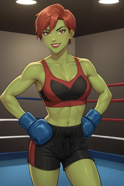 PonyXLV6_Scores BREAK (perfect anatomy, perfect eyes), BREAK mgann morzz, short hair, red hair, colored skin, green skin, freckles, brown eyes, makeup, lipstick, raised eyebrow, ((looking at viewer)), superhero, black boxing gloves, black boxing shorts, c...