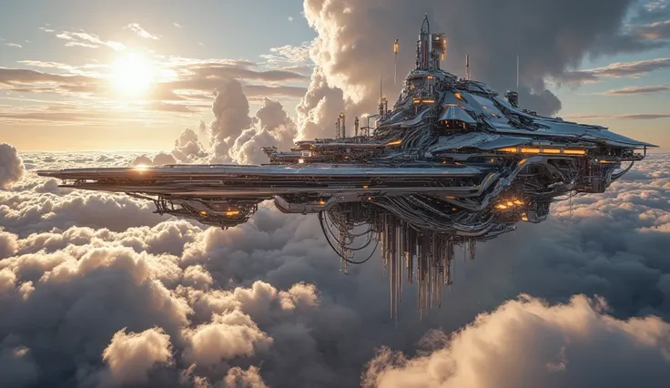 A mesmerizing analog-inspired cloud city floats serenely in a still, its intricate structures reflecting the soft glow of a setting sun. This image, a stunning digital painting, depicts a futuristic metropolis suspended in the sky, reminiscent of a dream. ...