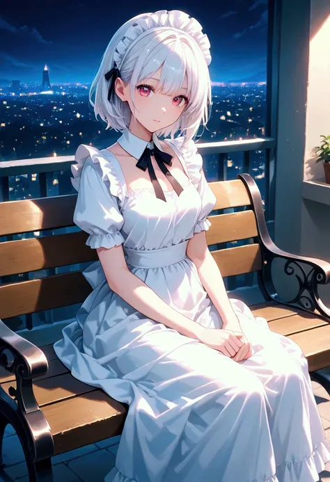 Girl in maid clothes sitting on a bench with the city in the background, cute anime Girl is wearing a nice dress, perfect white hair girl, Bewitching Girl, Night, 