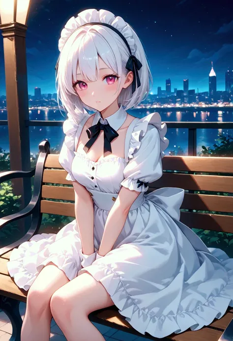 Girl in maid clothes sitting on a bench with the city in the background, cute anime Girl is wearing a nice dress, perfect white hair girl, Bewitching Girl, Night, 