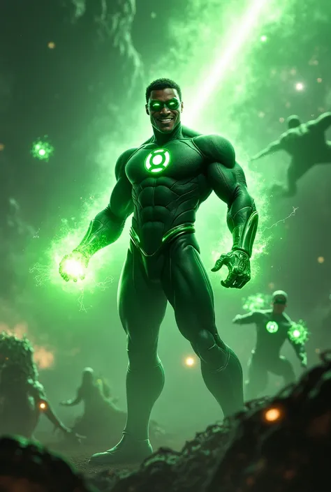 A hyperrealistic, smiling, half-muscular black man dressed in the uniform of the DC Justice League's Green Lantern and the burning green ring on his ring finger., Shining a green laser beam from this , In outer space against various monsters 