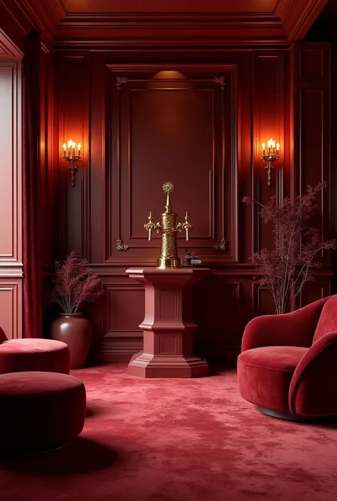 That room, but with more burgundy red and gold and a wine tap.