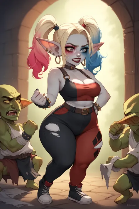 Harley Quinn being transformed into a goblin. GobGirl, shrinking, pale skin, short, long ears, large ears, piercings, white skin, monster_girl 1girl, pointy ears, goblin, shortstack, medium breasts, long pointy ears, earrings, ripped clothing