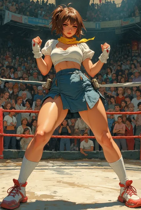 Emily Sears as Kasugano Sakura do game Street Fighter, ((( brown hair))), ((( in a fight ring ))),  with a large crowd in the background, ((((( looking at the spectator))))), (((((centered))))), ((((head in the photo)))), {(((((full-body-shot:0.95)))))}, (...