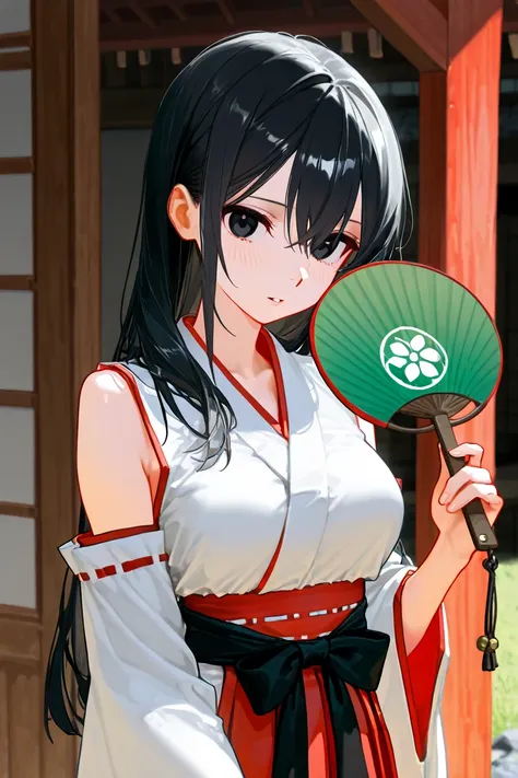 BEST QUALITY, ULTRA DETAILED, PERFECT ANATOMY, HIGH DEFINITION, INTRINCED DETAILS, ALONE, MIKO, 1 girl, slender, medium breasts, waist-length wavy black hair, black eyes, white top kimono with gold details, sleeveless, neckline, bare shoulders, black sash ...