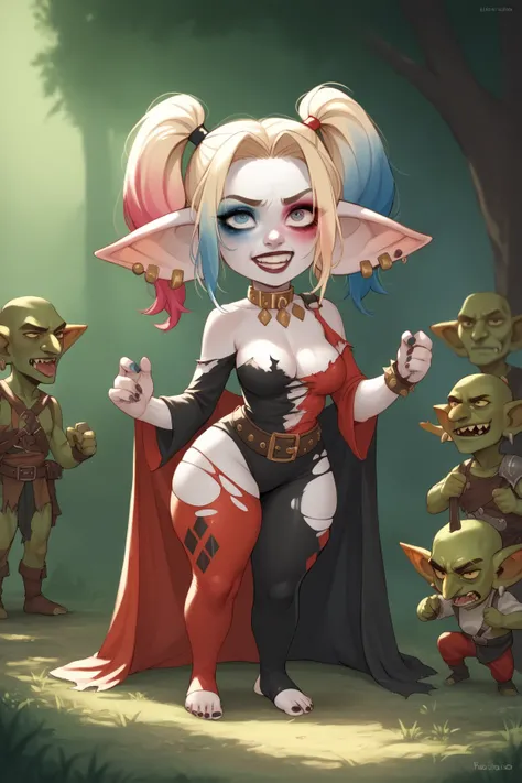 Harley Quinn being transformed into a goblin. GobGirl, shrinking, pale skin, short, long ears, large ears, piercings, white skin, monster_girl 1girl, pointy ears, goblin, shortstack, medium breasts, long pointy ears, earrings, ripped clothing