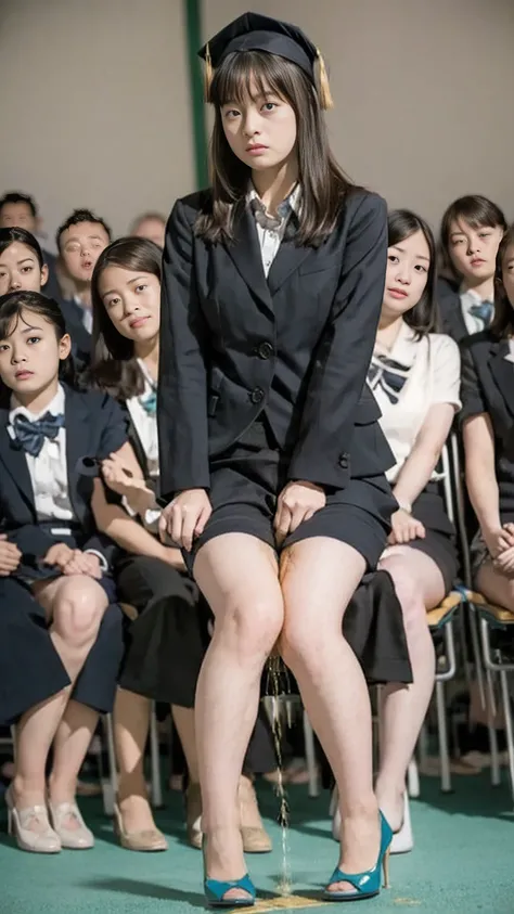 Female teacher urinates、  female teacher pees at graduation ceremony  、 Urinary incontinence、  pee  、  lots of pee 、Female teacher's hall 々 looking at viewers with an arrogant expression  、from below、  staring at the audience 、  black suit 、  Black Mini Sk...