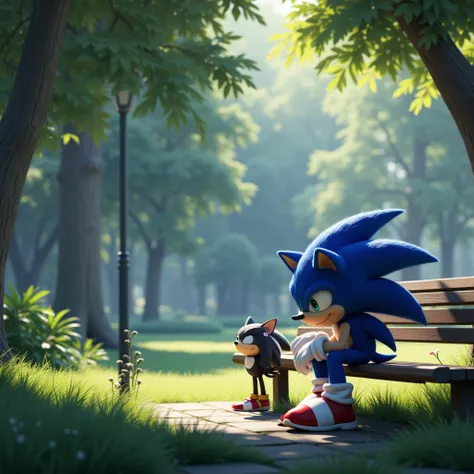  Sonic looking up sadly ,  hands on knees , Shadow listening to ,  quiet park with soft light filtering through leaves.