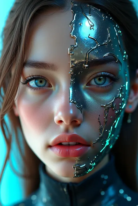 "Half realistic woman face, half AI character face"
"Split face: human woman / AI robot"
"Dual face: realistic / artificial intelligence"
More Detailed Prompts:

"Portrait, split down the middle, left side a photorealistic young woman with [eye color] eyes...